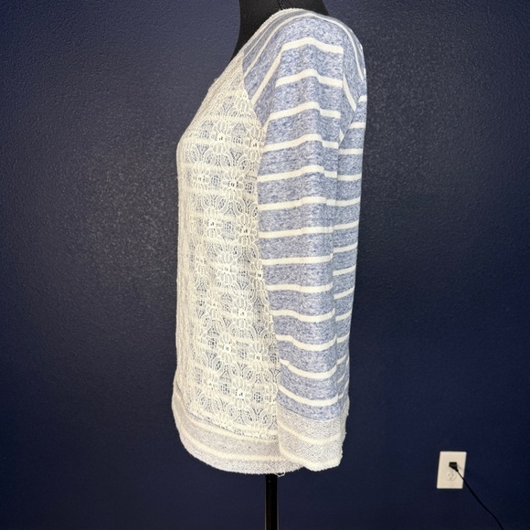 Garnet Hill Lace Front Striped Sweater, Blue & White, Size Large - Picture 2 of 9